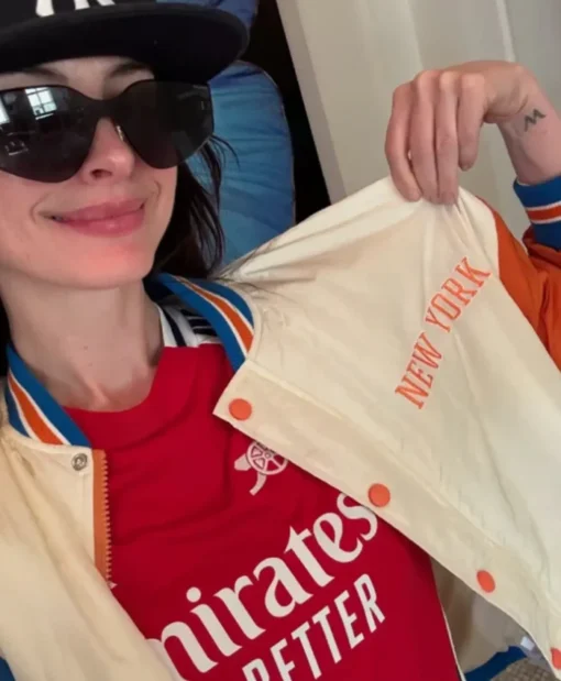 New York Knicks Anne Hathaway White and Orange Varsity Jacket for Unisex