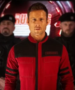 The Running Man 2025 Glen Powell Red Jacket