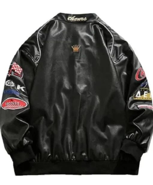 Unisex Champs Black Motorcycle Black Leather Bomber Jacket