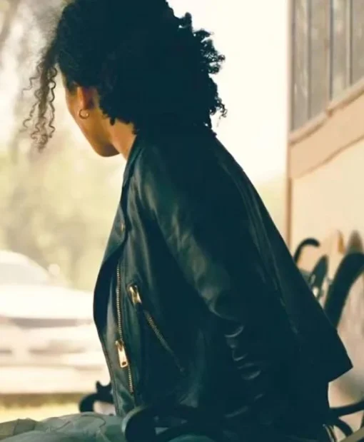 Chase Infiniti Film One Battle After Another 2025 Willa Asymmetric Leather Black Biker Jacket Buy Now