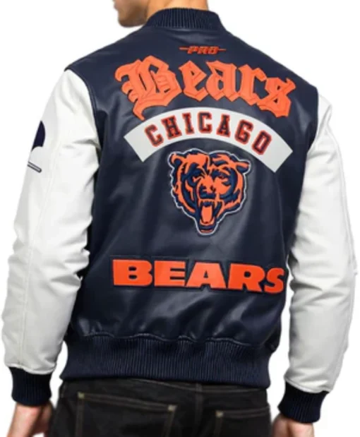 Chicago Bears Navy and White Zip Up Leather Varsity Jacket