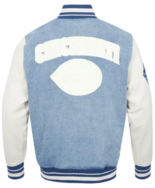 Cincinnati Reds Blue and White Denim and Leather Varsity Jacket For Sale