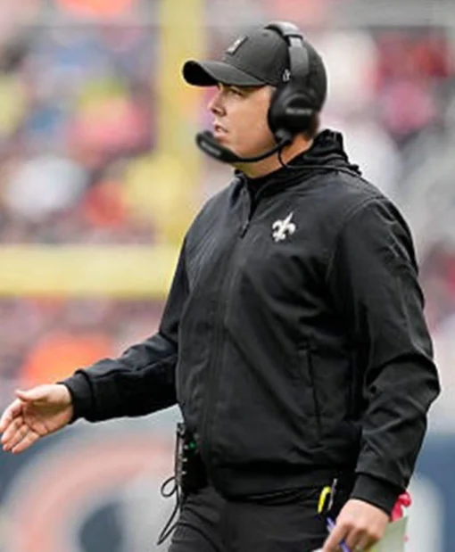 New Orleans Saints 2025 Coach Kellen Moore Black Hooded Full-Zip Rain Jacket