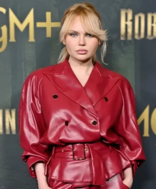 Robin Hood Premiere 2025 Elena Matei Red Leather Jacket