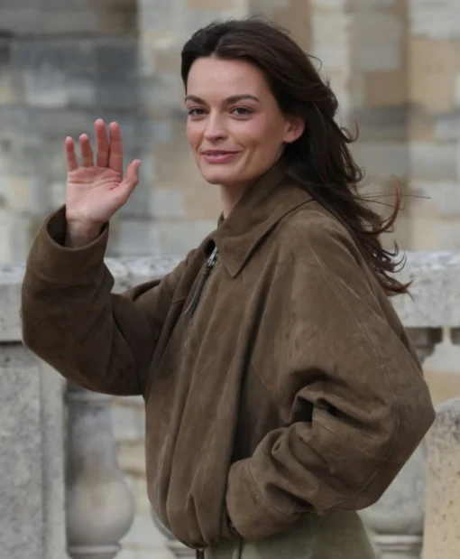 Paris Fashion Week 2025 Emma Mackey Brown Suede Leather Jacket