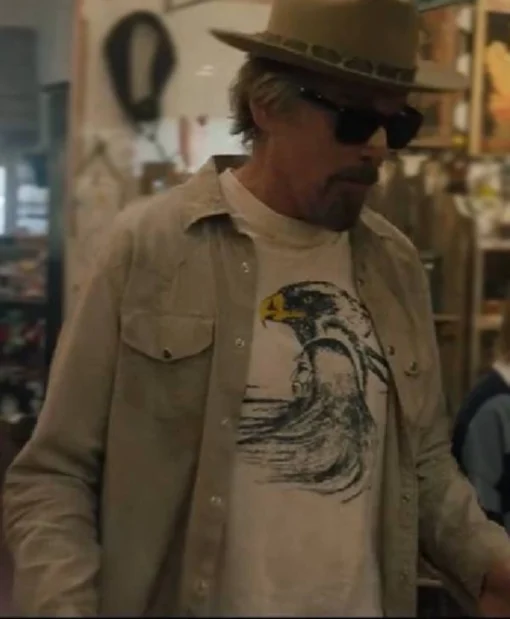 Lee Raybon TV Series The Lowdown 2025 Ethan Hawke Button Up Beige Shirt