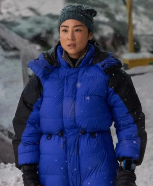 Greta Lee Tron Ares 2025 Blue Puffer Jacket
