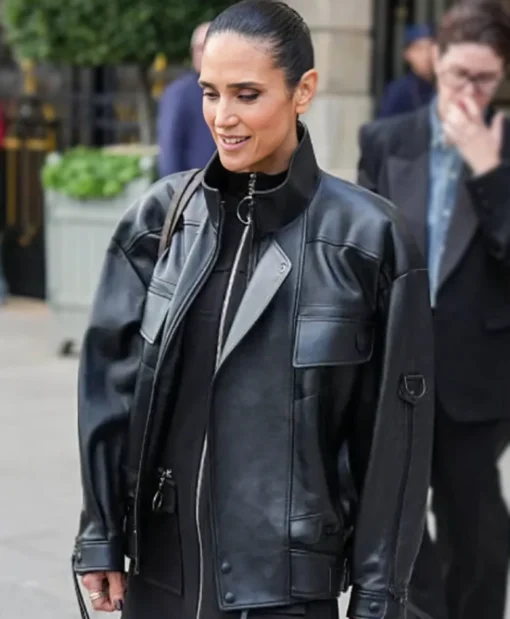 PFW 2025 Jennifer Connelly Black Leather Jacket