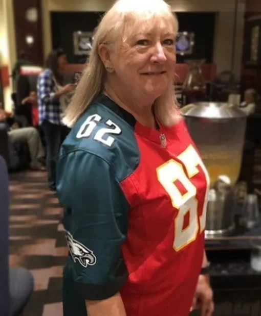 Buy Kelce Brothers Mom Donna Kelce Chiefs-Eagles Jersey On Sale