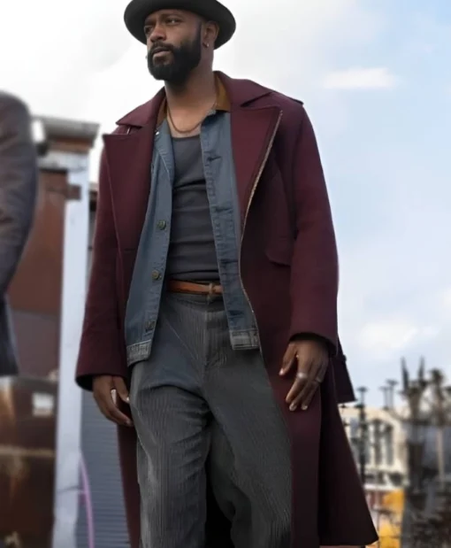 LaKeith Stanfield Play Dirty 2025 Burgundy Long Coat