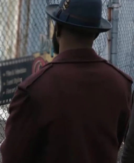 LaKeith Stanfield Play Dirty 2025 Long Burgundy Coat