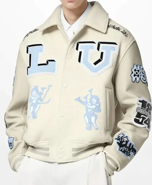 Louis Vuitton Beige Wool with Leather Sleeves Varsity Jacket