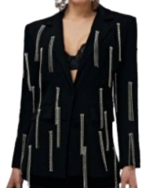 The Voice S28 Natalia Albertini Rhinestone Fringe Embellished Black Blazer Dress