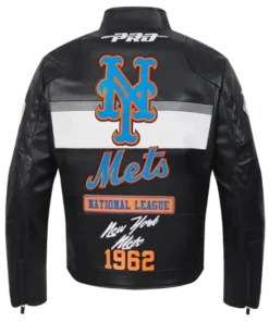 Shop New York Mets Moto Leather Black Jacket in Sale