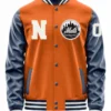 New York Mets Orange and Black Leather Sleeves Varsity Jacket