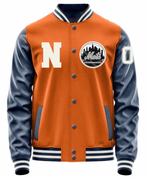 New York Mets Orange and Black Leather Sleeves Varsity Jacket