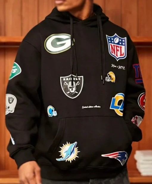 Buy Oversized Black NFL Allover Multi Team Logo Pullover Hoodie For Unisex