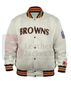 Get this Cleveland Browns 90’s Starter White Satin Full-Snap Bomber Jacket