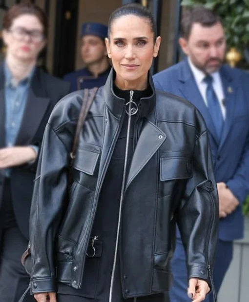 Jennifer Connelly Paris Fashion Week 2025 Black Leather Jacket