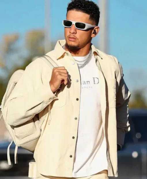 Chiefs VS Raiders 2025 Patrick Mahomes Beige Denim Jacket