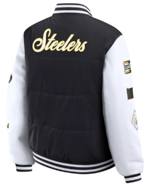 Pittsburgh Steelers WEAR by Erin Andrews Black and White Full-Snap Varsity Puffer Jacket