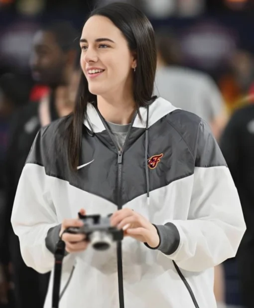 WNBA Playoffs Game Three Semifinals 2025 Aces vs Fever Caitlin Clark Windrunner White and Gray Jacket