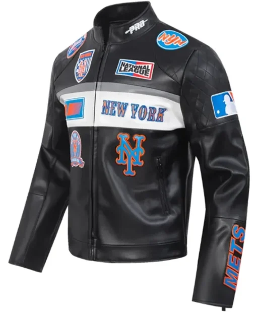 New York Mets Moto Black Leather Full-Zip Jacket For Men’s