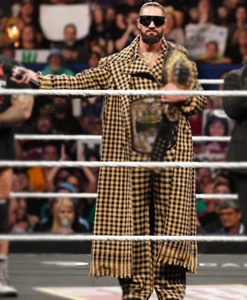 WWE 2025 Crown Jewel Champion Seth Rollins Checkered Yellow and Black Long Coat