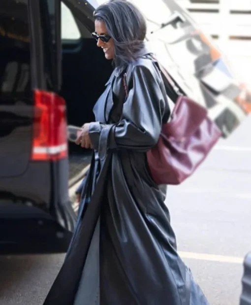 Italy 2025 Simone Ashley Long Belted Leather Coat In Black