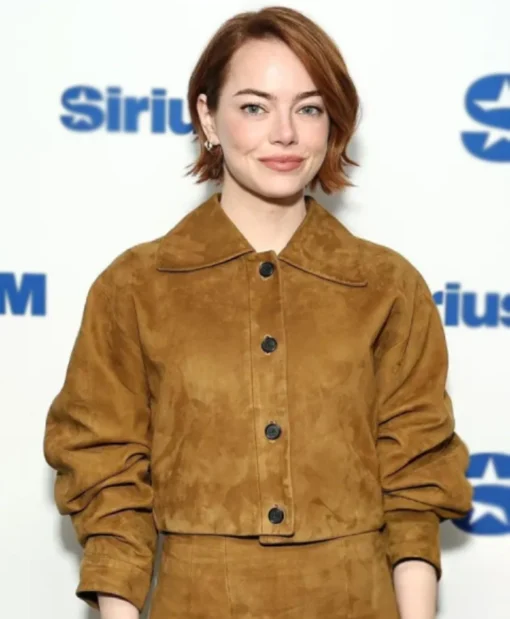 Emma Stone SiriusXM’s Town Hall Suede Leather Brown Cropped Jacket