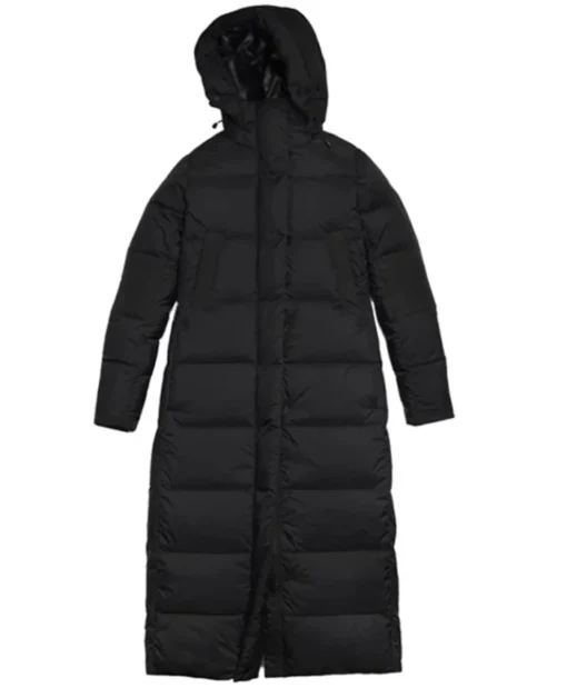 Jessie Buckley Film The Bride 2026 Black Puffer Long Coat