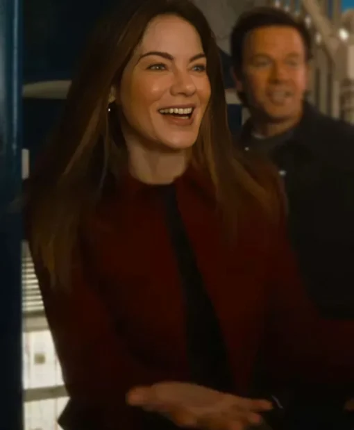Jessica Morgan Film The Family Plan 2 2025 Michelle Monaghan Red Wool Jacket
