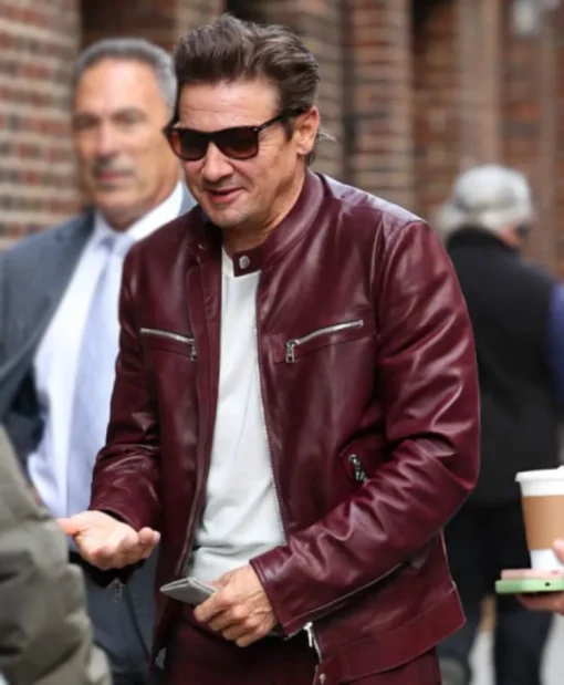 The Late Show With Stephen Colbert Jeremy Renner Maroon Leather Jacket