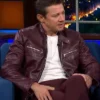 Jeremy Renner The Late Show With Stephen Colbert Maroon Biker Leather Jacket