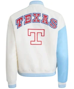 Texas Rangers Zone Blitz Blue and Eggshell Full-Snap Varsity Satin Jacket