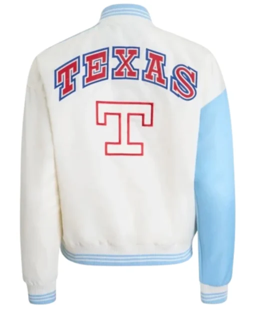 Texas Rangers Zone Blitz Blue and Eggshell Full-Snap Varsity Satin Jacket