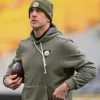 Aaron Rodgers 2025 Salute to Service Nike Pittsburgh Steelers Olive Green Sideline Pullover Hoodie