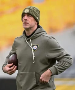 Aaron Rodgers 2025 Salute to Service Nike Pittsburgh Steelers Olive Green Sideline Pullover Hoodie