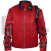 1987Bad World Tour Michael Jackson Red Satin Jacket – Multiple Belts on Sleeves