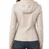Beige Leather Biker Jacket with Detachable Hood For Women’