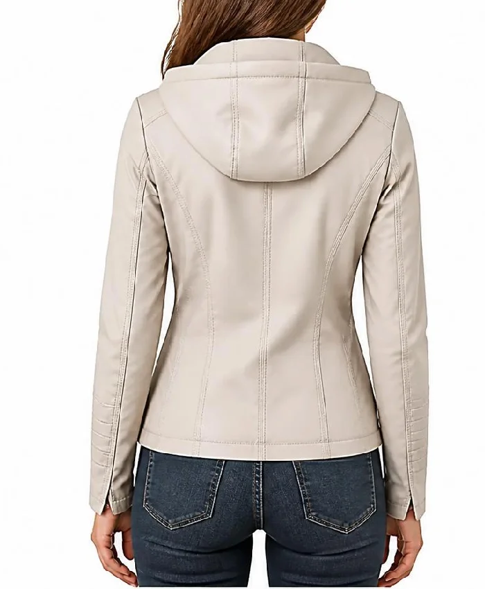 Beige Leather Biker Jacket with Detachable Hood For Women’