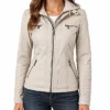 Beige Leather Biker Jacket with Detachable Hood For Women’s