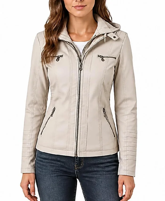 Beige Leather Biker Jacket with Detachable Hood For Women’s