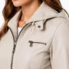 Beige Leather Biker Women Jacket with Detachable Hood