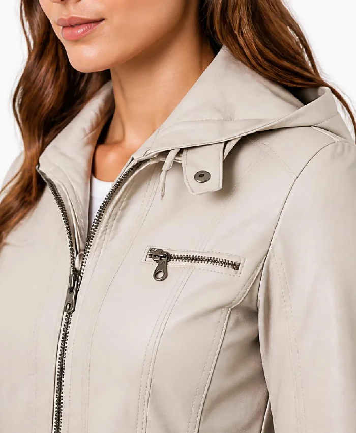 Beige Leather Biker Women Jacket with Detachable Hood