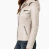 Beige Leather Biker Womens Jacket with Detachable HoodBeige Leather Biker Womens Jacket with Detachable Hood