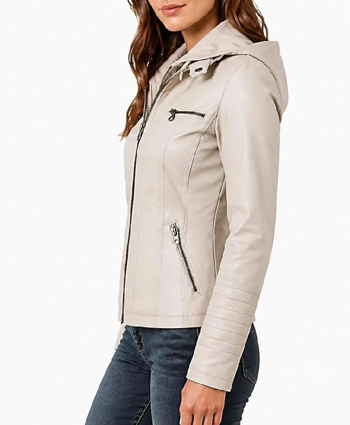 Beige Leather Biker Womens Jacket with Detachable HoodBeige Leather Biker Womens Jacket with Detachable Hood