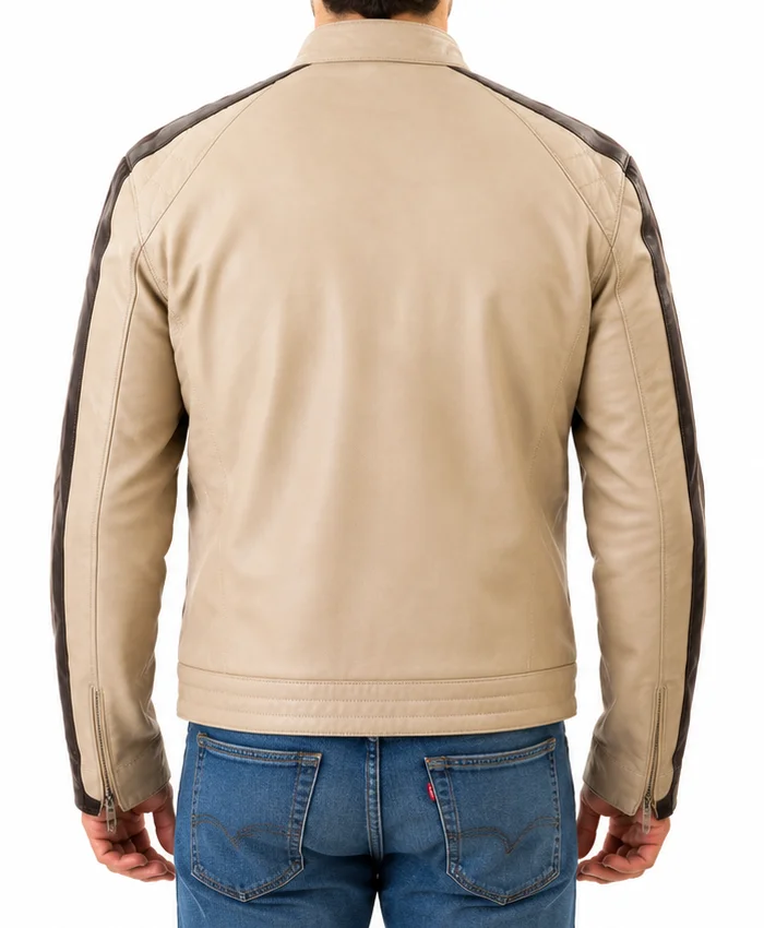 Beige Leather Café Racer Biker Jacket