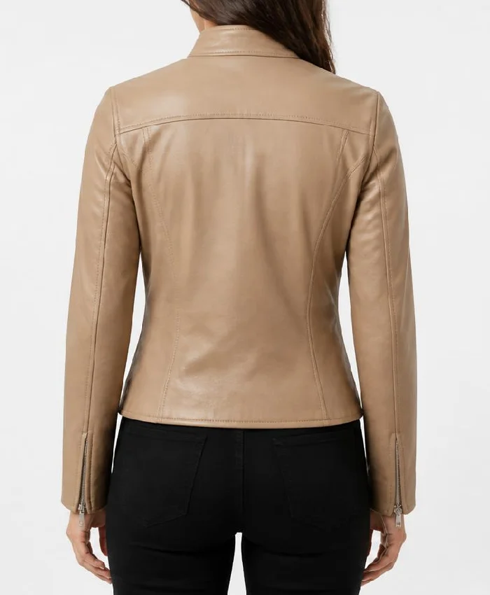 Beige Lightweight Biker Leather Jacket with Zipper For Women