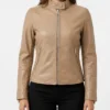 Beige Lightweight Biker Leather Jacket with Zipper For Womens